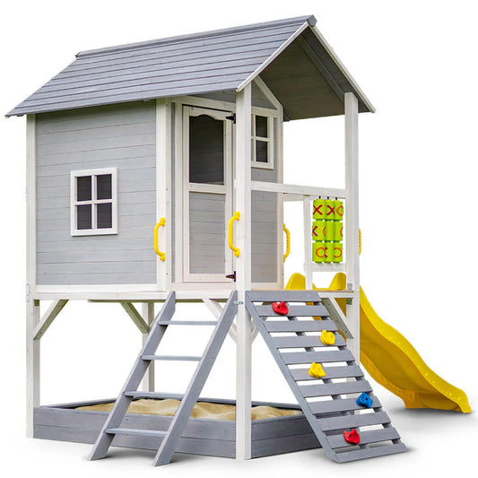 Rovo Kids Wooden Tower Cubby House With Slide, Sandpit, Climbing Wall, Noughts And Crosses
