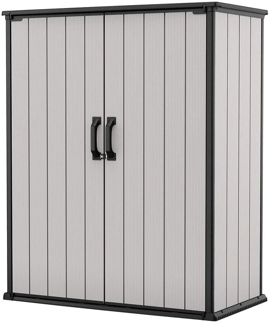 Keter Premier Tall Vertical Durable Resin Outdoor Storage Shed With Floor And Locking Double Doors, Grey