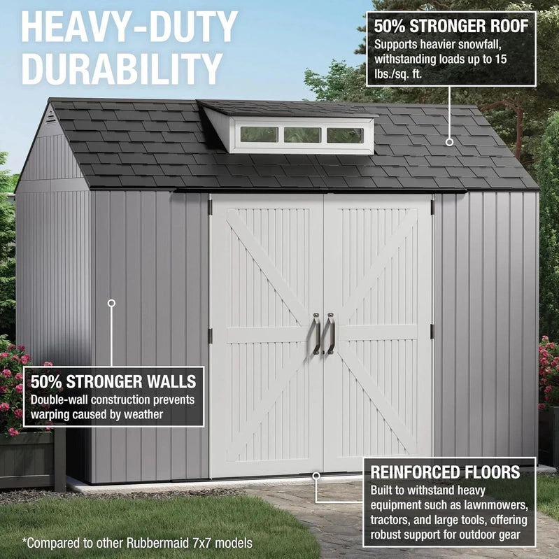 Rubbermaid Resin Garden Shed With Floor, 2.13 x 2.13 M, Weatherproof, Grey, For Storing Garden Tools, Lawnmowers, Bicycles And Pool Accessories
