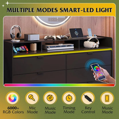 9 Drawer LED Dresser For Bedroom, 58.35 In. Wide Wood Dresser Storage Organizer With Power Outlets For 65 In. TV, Dressers With Open Shelves