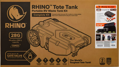 Camco Rhino Heavy Duty 28 Gallon Portable RV Waste Holding Tank With Hose And Accessories Durable Leak Free And Odorless RV Tote Tank, 39004