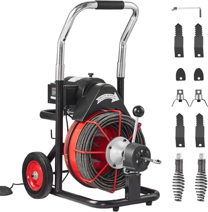 Drain Cleaner Machine 100 Ft. x 1/2 In, Auto Feed Sewer Snake Auger On Wheels
