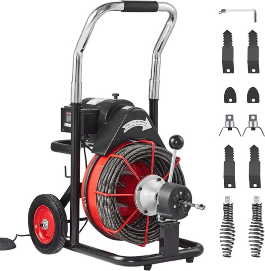 Drain Cleaner Machine 100 Ft. x 1/2 In, Auto Feed Sewer Snake Auger On Wheels