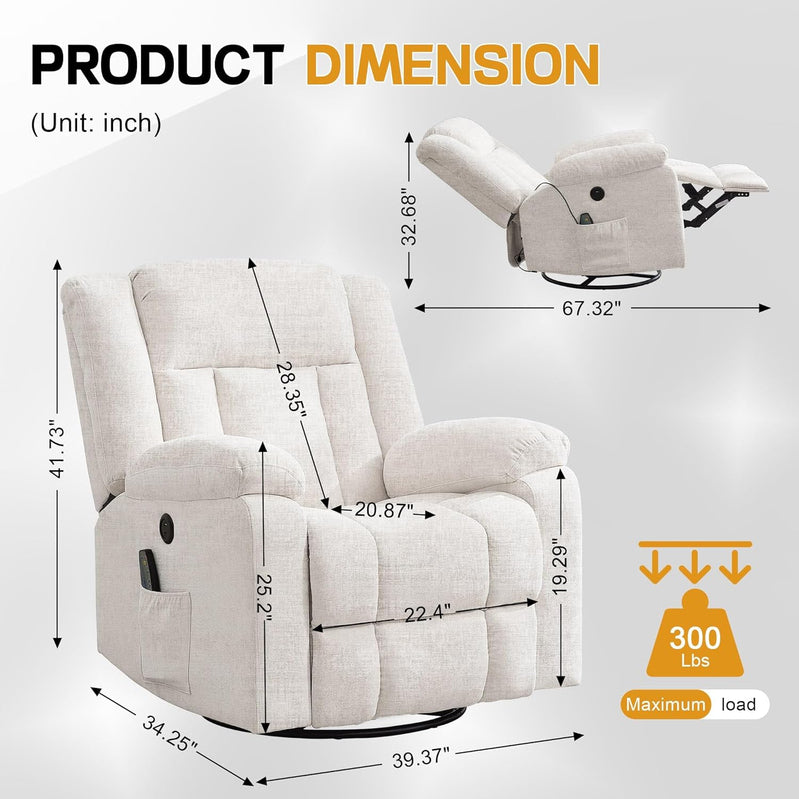 Rocker Recliner, Glider Recliner Chairs For Adults, 360 Degree Swivel Rocking Chair With Massage And Heating