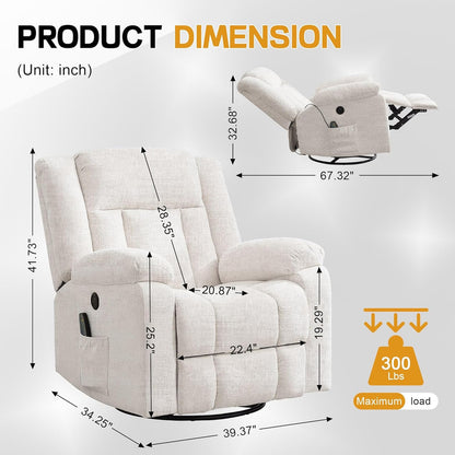 Rocker Recliner, Glider Recliner Chairs For Adults, 360 Degree Swivel Rocking Chair With Massage And Heating