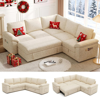108 In. Sectional Sleeper Sofa With Pull Out Bed, U Shaped 7 Seat Modular Sectional Sofa