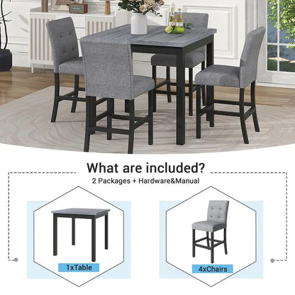 5 Piece Counter Height Dining Set, Wood Dining Table Set With Rectangle Table And 4 Upholstered High Back Chairs