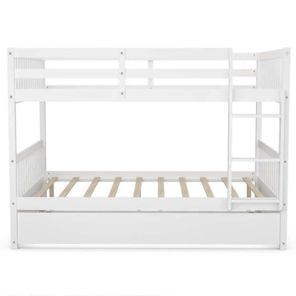 Solid Wood Full Over Full Bunk Bed Frame With Trundle, Safety Ladder And Guardrails, Convertible Bunk Bed For Kids Teens