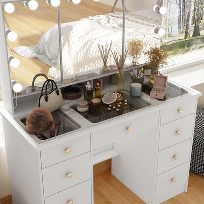 Makeup Vanity w/Tri-Fold Mirror Certified Lighting Glass Top Dresser
