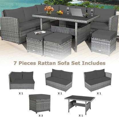 7 Pcs Rattan Patio Dining Furniture Sectional Sofa Set With Dining Table, Ottomans And Cushions