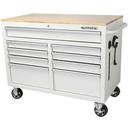 Mobile Workbench With 9 Drawers, Hardwood Top And Power Connection, 117 Cm W x 62 Cm D C High-Gloss Black
