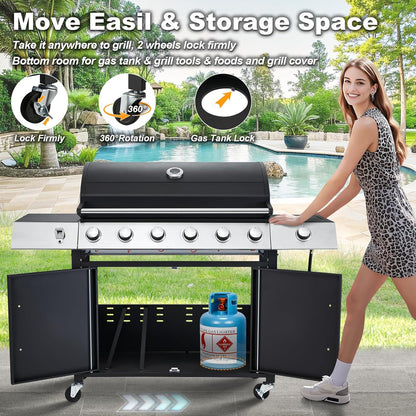 Upgraded 4 Burner Bbq Propane Gas Grill With Cast Iron Grates And Side Stove, 44,000 BTU Stainless Steel Burner Barbecue Grill For Patio