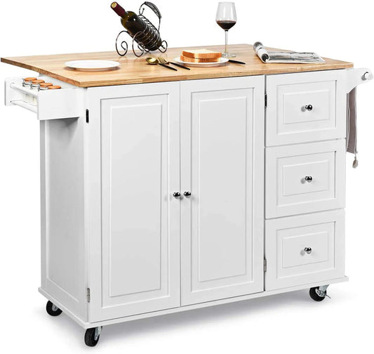 Giantex Kitchen Island Cart, Large Trolley Cart w/Drop-Leaf Tabletop, Large Cabinet, 3 Drawers, Spice Rack, Towel Rack