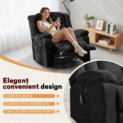Rocker Recliner, Glider Recliner Chairs For Adults, 360 Degree Swivel Rocking Chair With Massage And Heating