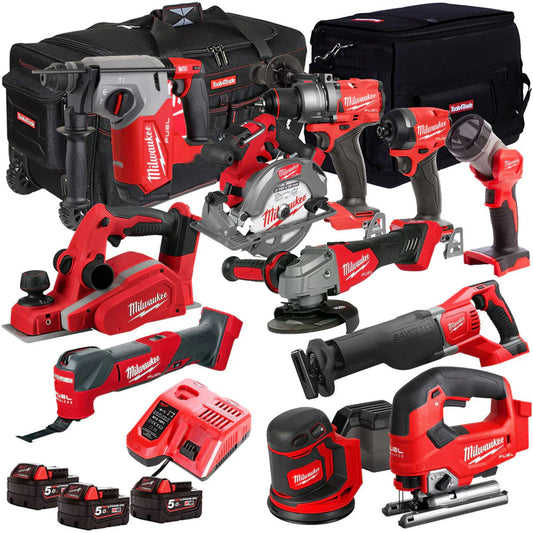 Milwaukee 18V Cordless 11 Piece Tool Kit With 3 x 5.0Ah Batteries And Charger In Bag T4TM-9