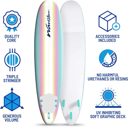 Wavestorm 8 Ft. Classic Surfboard//Foam Wax Free Soft Top Longboard For Adults And Kids Of All Levels Of Surfing