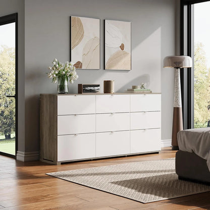 9 Drawer LED Dresser For Bedroom, 58.35 In. Wide Wood Dresser Storage Organizer With Power Outlets For 65 In. TV, Dressers With Open Shelves