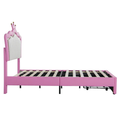 Twin Size Upholstered Bed Frame With LED Lights, Modern Upholstered Princess Bed With Crown Headboard, A Drawer, Pink Plus White