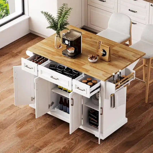 Large Kitchen Island With Wood Drop Leaf, Embossed Texture Rolling Kitchen Cart wDoors And Drawers wStorage For Kitchen, White
