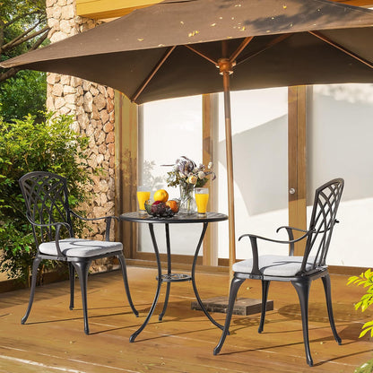 Nuu Garden Bistro Set 3 Piece Outdoor Cast Aluminum Patio Bistro Set Patio Table And Chairs Set Of 2 With Umbrella Hole And Gray Cushions, Black