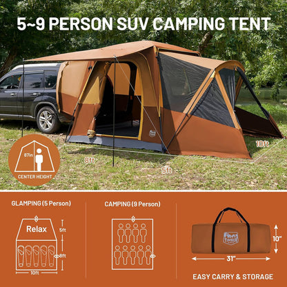 Timber Ridge 5-9 Person SUV Tent With Screen Porch And Awning For Family Camping, Weather Resistant And Portable Van Or Car Tent