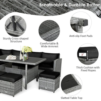 7 Pcs Rattan Patio Dining Furniture Sectional Sofa Set With Dining Table, Ottomans And Cushions