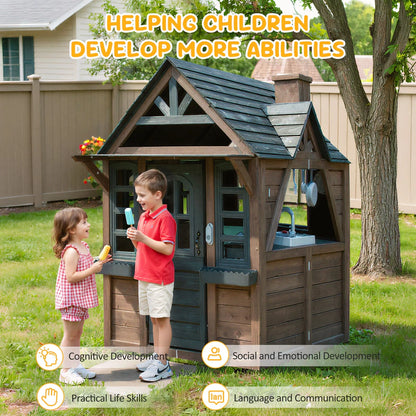 Coclub Outdoor Playhouse For Kids Ages 4-8, Wooden Play House With Doorbell, Phone, Kitchen Toys, Outdoor Kids Play Equipment, Casa Para Ni As