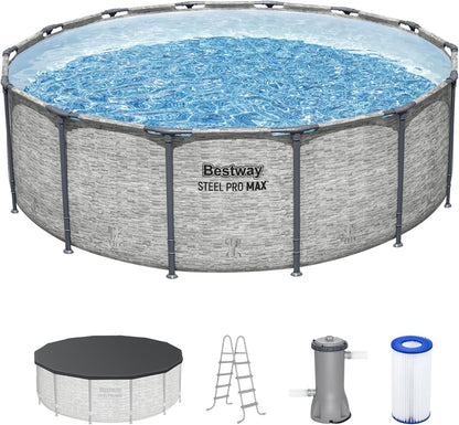 Steel Pro MAX 14 Ft. x 48 In. Round Metal Frame Above Ground Outdoor Swimming Pool Set With 1,000 Filter Pump, Ladder, And Cover, Gray