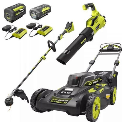 Ryobi 40V Brushless 20 In. Walk Behind Self-Propelled Mower/String Trimmer/Leaf Blower With 2 Batteries And 2 Chargers