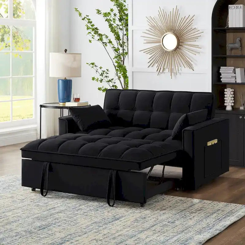 4 in1 Loveseat Sofa Bed With Armrests And Storage Pockets, Multi-Function Tufted Pull-Out Sofa Bed With Adjustable Backrest