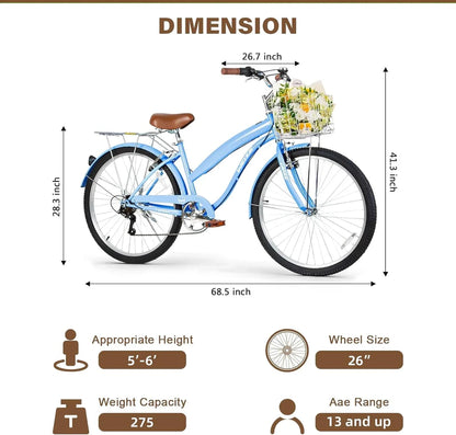 Weize Beach Cruiser Bike 26 In. Commuter Bicycle For Adult Men And Women 7-Speed/High-Carbon