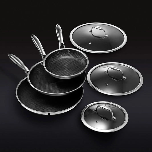 HexClad 6 Piece Hybrid Stainless Steel Cookware Pan Set 8 In., 10 In., 12 In. With Glass Lids, Size, One Size, Black