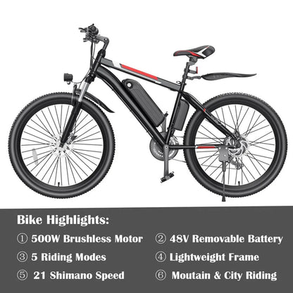 500W Electric Bike 26 In. Electric Bicycle For Adults With Cruise Control System Ebike