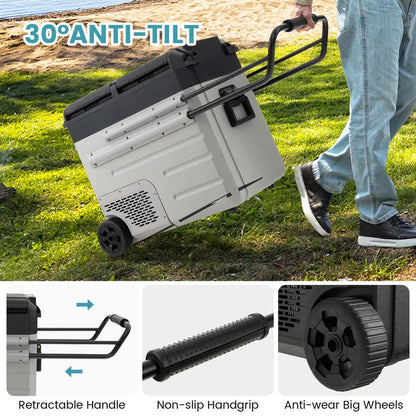 40-Quart Dual-Zone Car Refrigerator With Wheels, 12V/24V DC And 100-240V AC Portable Car Fridge Cooler Freezer