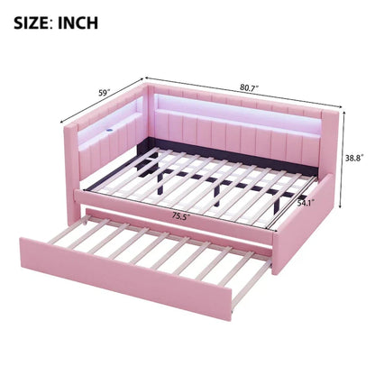 Upholstered Platform Bed With USB Ports And LED Lighting, Full/Twin Size Bed Frame With 2 Storage Drawers, Modern Bedroom