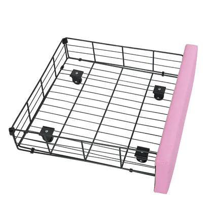 Twin Size Upholstered Bed Frame With LED Lights, Modern Upholstered Princess Bed With Crown Headboard, A Drawer, Pink Plus White