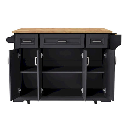 54 Large Kitchen Island With Rubber Wood Drop Leaf, Embossed Texture Rolling Kitchen Cart On 4 Wheels With 4 Doors And 3 Drawers