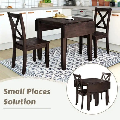 3-Piece Wood Drop Leaf Breakfast Nook Dining Table Set With 2 x-Back Chairs For Small Places