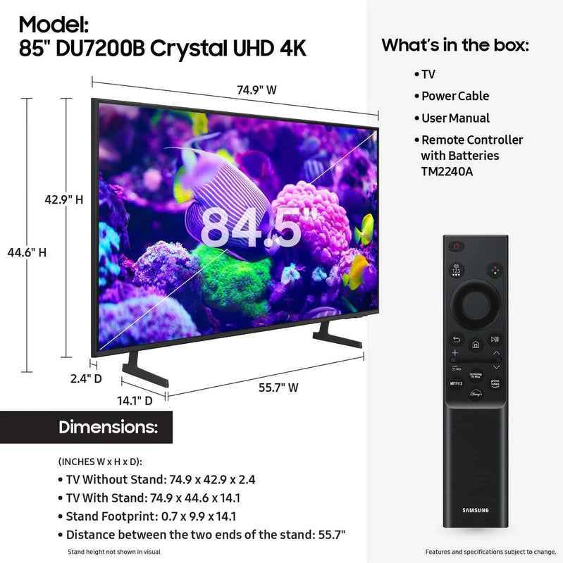 Samsung 85 In. Crystal UHD 4K Smart TV With PurColor And HDR, DU7200B 2024 Model