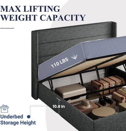 Allewie Queen Size Lift Up Storage Bed, Modern Wingback Headboard, Hydraulic Support, No Box Spring Needed, Light Beige