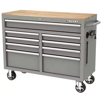 Mobile Workbench With 9 Drawers, Hardwood Top And Power Connection, 117 Cm W x 62 Cm D C High-Gloss Black