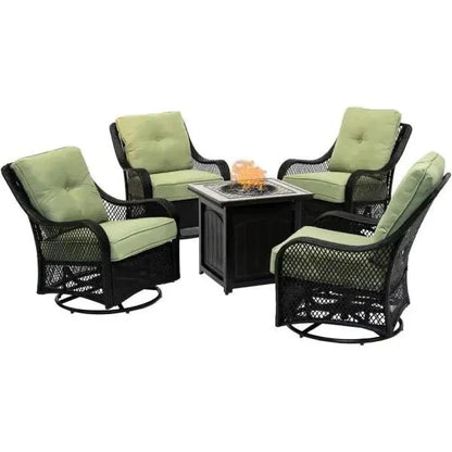 5-piece Steel Patio Fire Pit Seating Set With Navy Blue Cushions, Swivel Gliders And Square Fire Pit Table