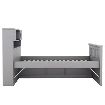 Twin/Full Size Captain Platform Bed With 4 Drawers And Storage Shelves, Solid Wood Bed Frame With Storage Bookcase Headboard