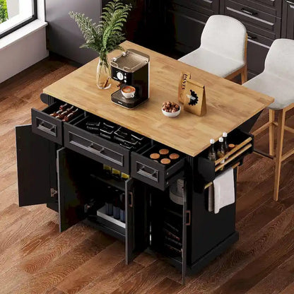 54 Large Kitchen Island With Rubber Wood Drop Leaf, Embossed Texture Rolling Kitchen Cart On 4 Wheels With 4 Doors And 3 Drawers