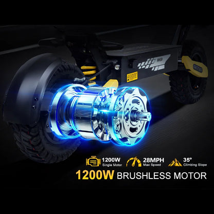 Off Road Electric Scooter For Adults, 1200W Motor Fast E Scooter, Up To 28MPH Top Speed And 20Miles Long Range, 11 In. Off-Road Tires