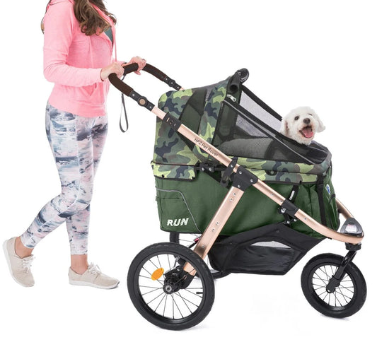Jogging Sports Stroller With Comfort Rubber Wheels/Zipper-Less Entry/1-Hand Quick Fold/Aluminum Frame For Small/Medium Dogs, Cats And Pets, Green Camo