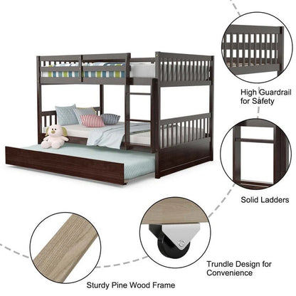 Solid Wood Full Over Full Bunk Bed Frame With Trundle, Safety Ladder And Guardrails, Convertible Bunk Bed For Kids Teens