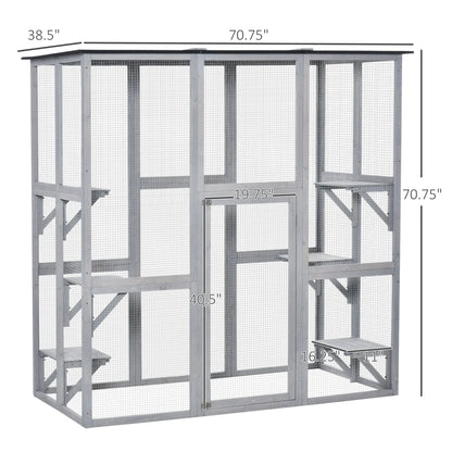 PawHut Wooden Catio Enclosure With Weather Protection, 6 Platforms, Outdoor, Large, 71 In. x 38.5 In. x 71 In