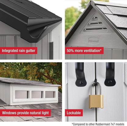 Rubbermaid Resin Garden Shed With Floor, 2.13 x 2.13 M, Weatherproof, Grey, For Storing Garden Tools, Lawnmowers, Bicycles And Pool Accessories
