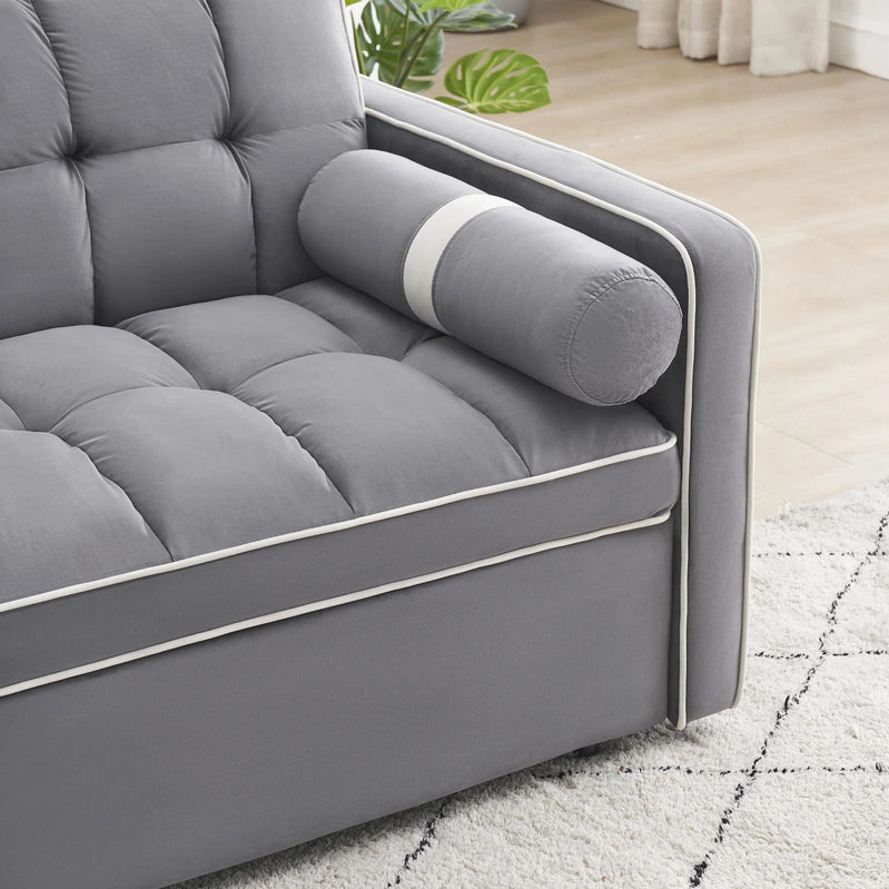 3-in-1 Sleeper Sofa Couch Bed, Small Tufted Velvet Convertible Loveseat Futon Sofa w/Pullout Bed, Adjustable Backrest, Cylinder Pillows